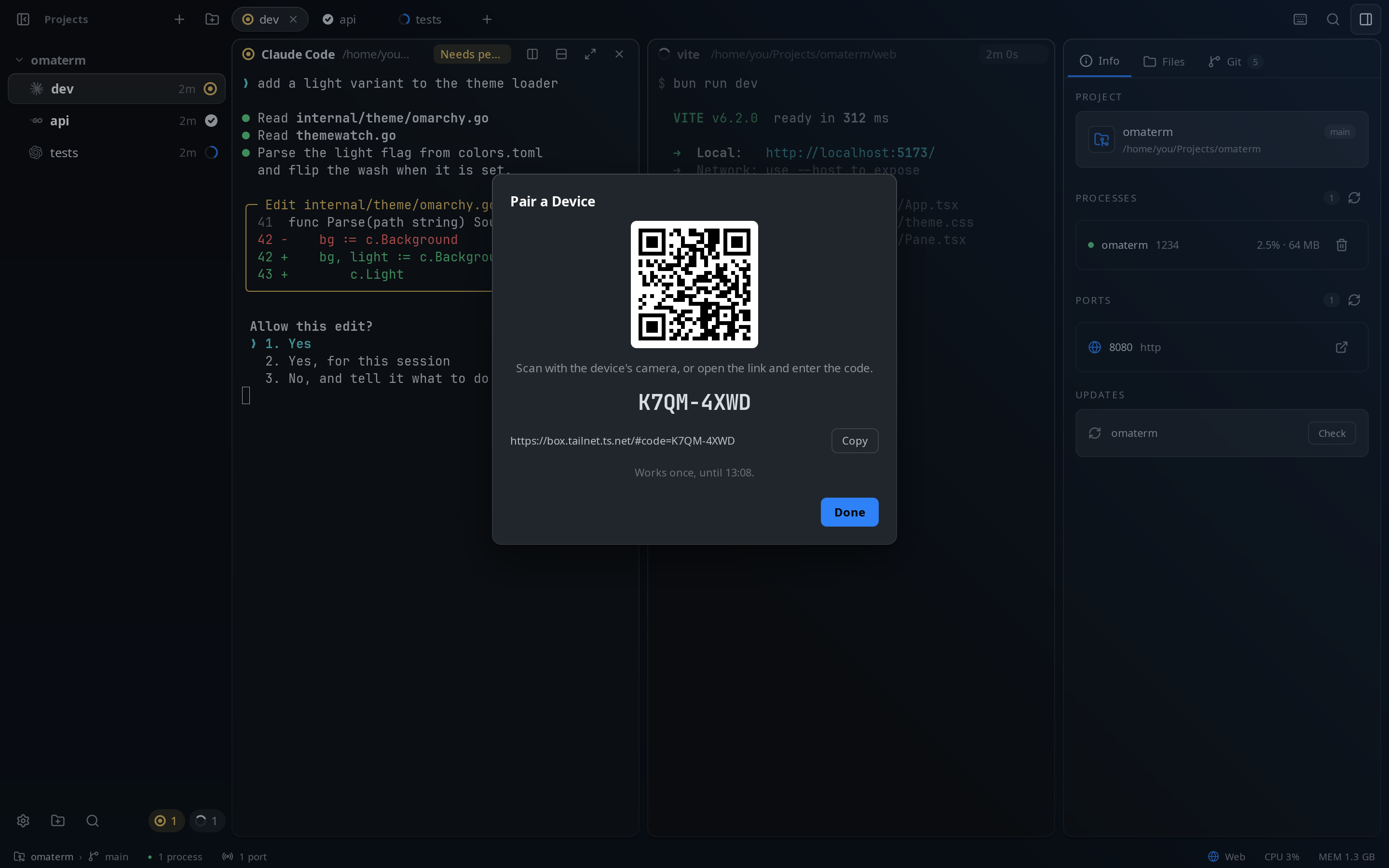 The Pair a Device dialog with a QR code and a one-time code