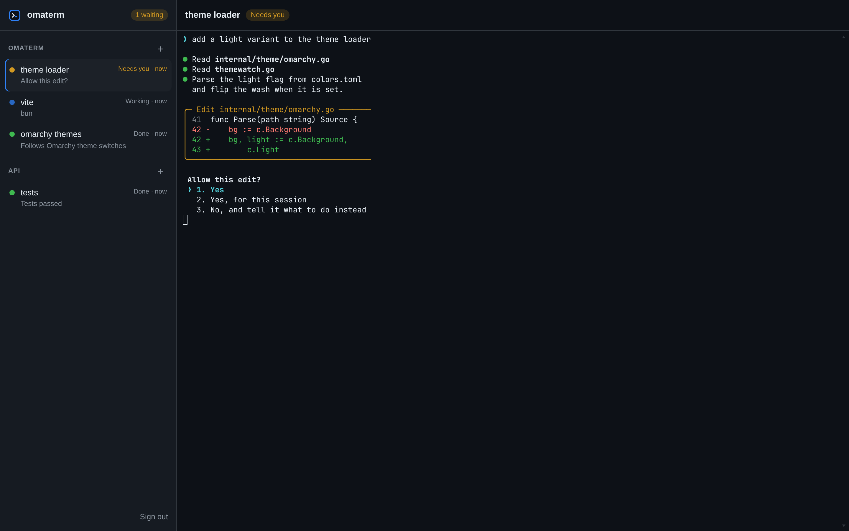 Web access in a desktop browser: sessions in a sidebar, an agent asking to allow an edit